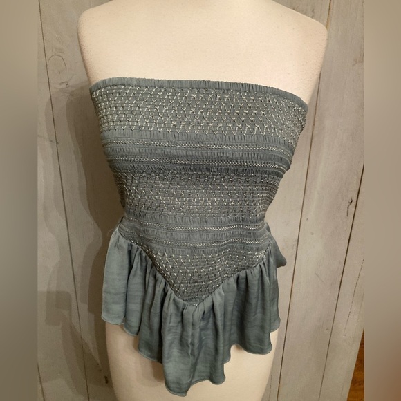 Free People Smocked Strapless Ruffle Top Womens Sz-S Green‎ NWOT - Picture 1 of 7